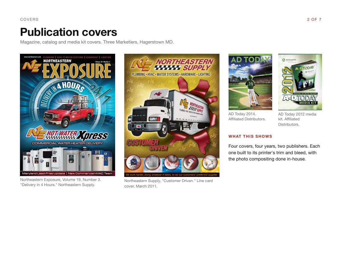 Portfolio page 2 of 7: publication covers, including Northeastern Exposure, a Northeastern Supply line card cover and two AD Today covers.