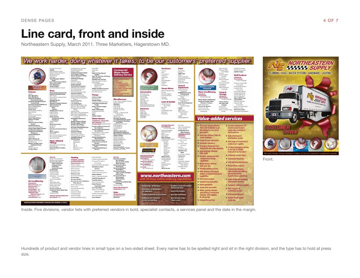 Portfolio page 4 of 7: a two-sided line card with dense vendor lists and a services panel, shown next to its front cover.