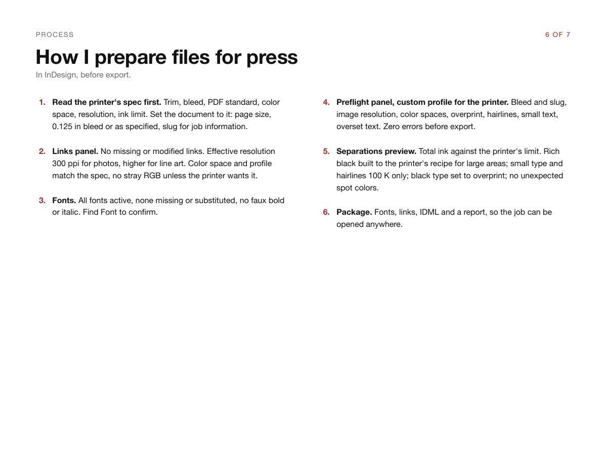 Portfolio page 6 of 7: text page, How I prepare files for press, steps 1 to 6.